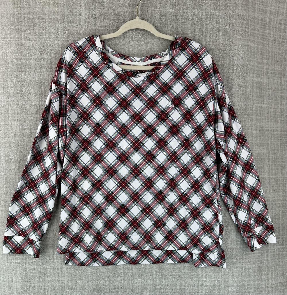 Lauren Ralph Lauren Pajama Top Womens L White Plaid Round Neck Long Sleeve